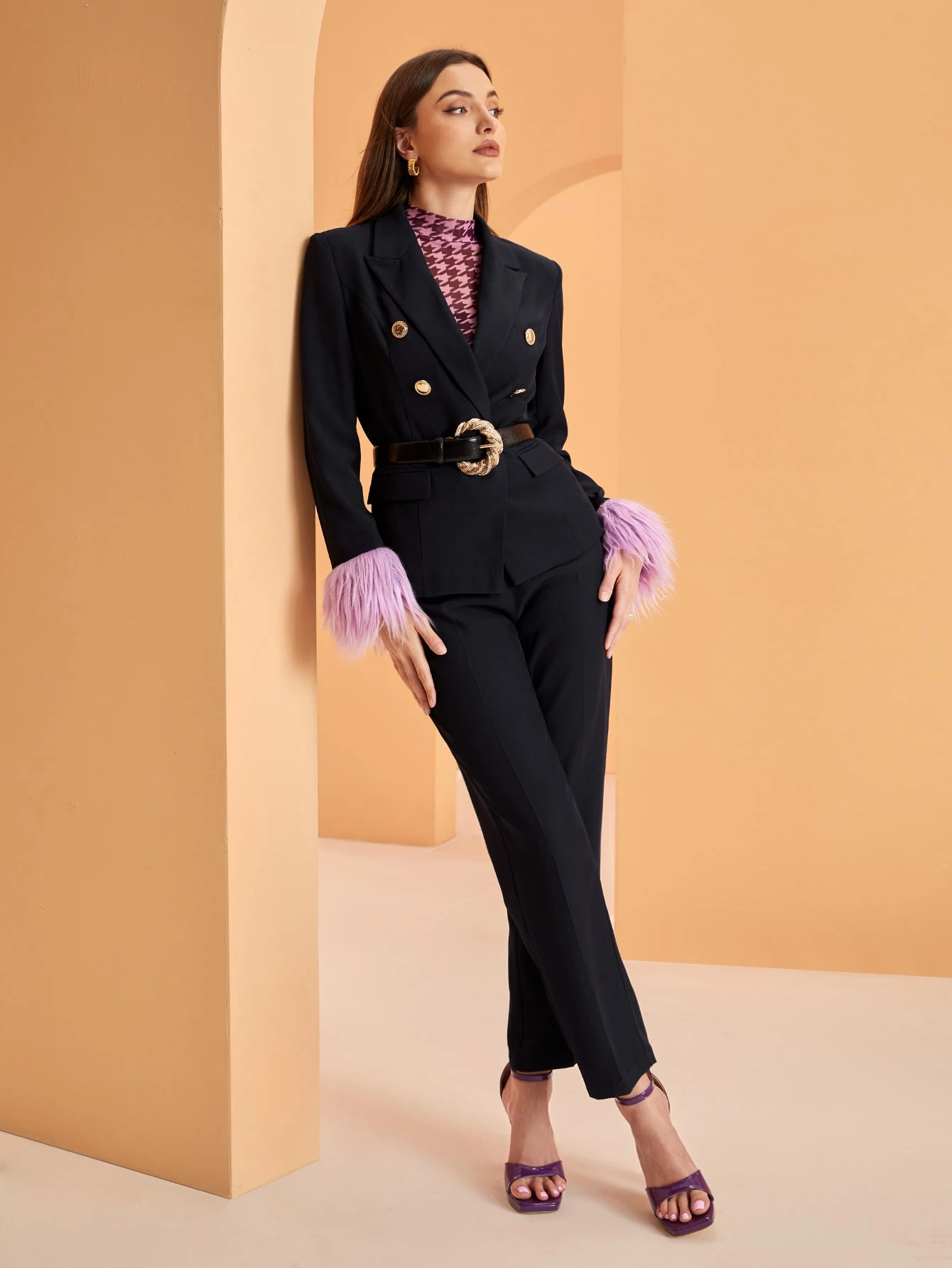 Shein Modely ファジー 袖口 ダブルブレスト ベルトなし ブレザー パンツ Shein Modely ファジー 袖口 ダブルブレスト ベルトなし ブレザー パンツ