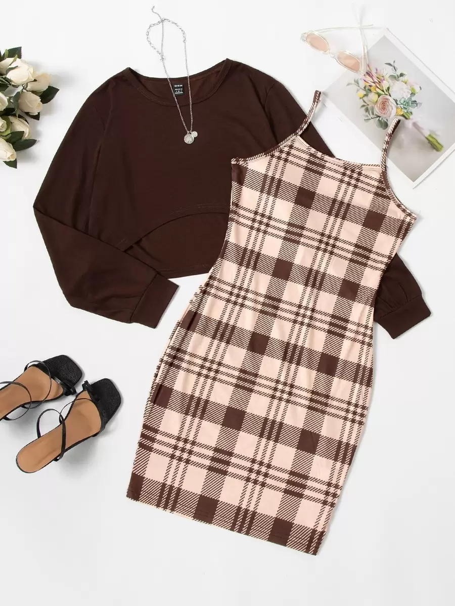 SHEIN Unity Bộ đồ hai mảnh nữ Sọc ca rô Giải trí - Cà phê nâu - Xem 1