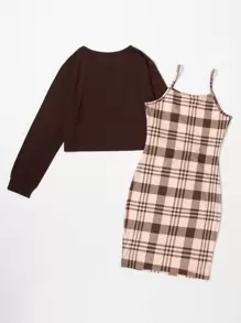 SHEIN Unity Bộ đồ hai mảnh nữ Sọc ca rô Giải trí - Cà phê nâu - Xem 2