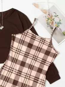SHEIN Unity Bộ đồ hai mảnh nữ Sọc ca rô Giải trí - Cà phê nâu - Xem 3
