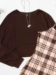 SHEIN Unity Bộ đồ hai mảnh nữ Sọc ca rô Giải trí - Cà phê nâu - Xem 4