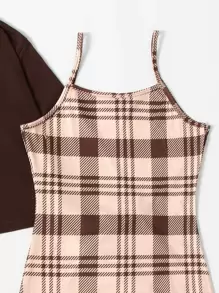 SHEIN Unity Bộ đồ hai mảnh nữ Sọc ca rô Giải trí - Cà phê nâu - Xem 5