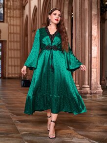 Modelyn Plus Contrast Lace Insert Tie Front Ruffle Hem Dress - Dark Green - View 4