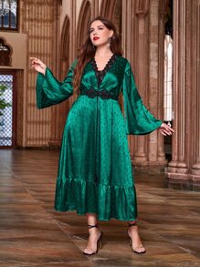 Modelyn Plus Contrast Lace Insert Tie Front Ruffle Hem Dress - Dark Green - View 1