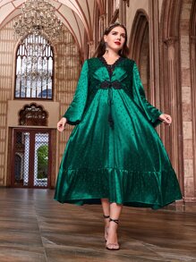 Modelyn Plus Contrast Lace Insert Tie Front Ruffle Hem Dress - Dark Green - View 5