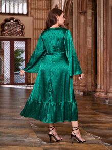 Modelyn Plus Contrast Lace Insert Tie Front Ruffle Hem Dress - Dark Green - View 6