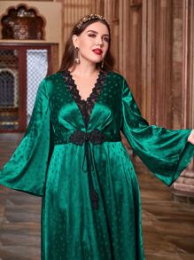 Modelyn Plus Contrast Lace Insert Tie Front Ruffle Hem Dress - Dark Green - View 8