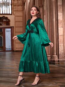 Modelyn Plus Contrast Lace Insert Tie Front Ruffle Hem Dress - Dark Green - View 9