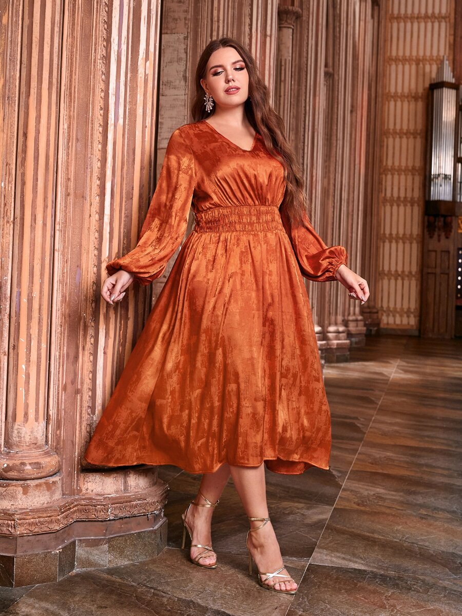 SHEIN Plus Jacquard Lantern Sleeve Dress - Burnt Orange - View 1