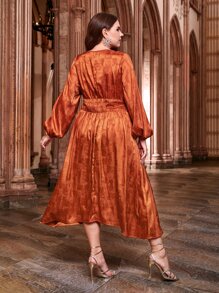 SHEIN Plus Jacquard Lantern Sleeve Dress - Burnt Orange - View 4