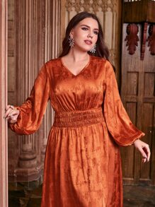 SHEIN Plus Jacquard Lantern Sleeve Dress - Burnt Orange - View 5