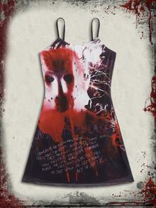 WB Horror | ROMWE Slogan Skull Graphic Cami Dress - Multicolor - View 8