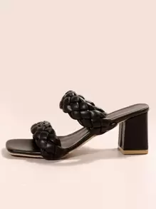 Summer Women Thick Heel Woven Strap Slip-On Slides, Fashion Mule Sandals For Outdoor Wear