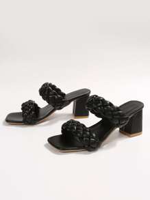 Summer Women Thick Heel Woven Strap Slip-On Slides, Fashion Mule Sandals For Outdoor Wear