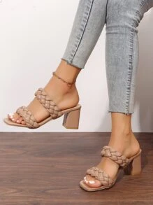 女士编织露趾穆勒鞋厚底中跟凉鞋夏季时尚户外服装 - 杏色 - 查看 4