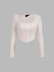 SHEIN MOD Áo thun nữ Bất đối xứng màu trơn Giải trí - Màu be - Xem 2