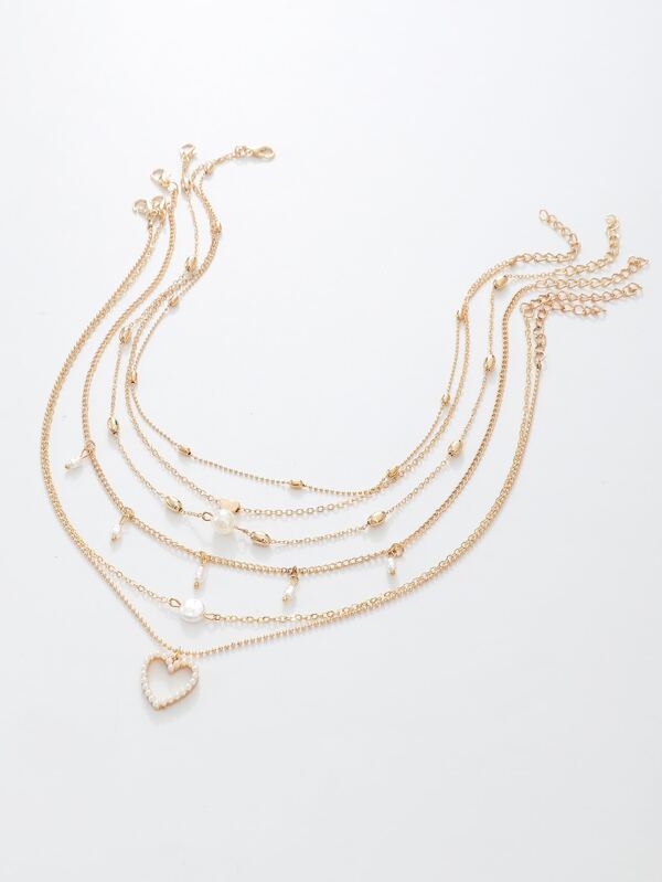 5pcs Elegant And Delicate Multi-Layered Heart Shaped Faux Pearl Pendant Necklace Set For Fashion Parties Valentines,Mom,Mother,Mother's Day,Gift