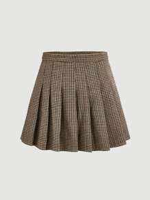 SHEIN MOD Casual Houndstooth Pleated Skirt For Autumn - Mocha Brown - View 2