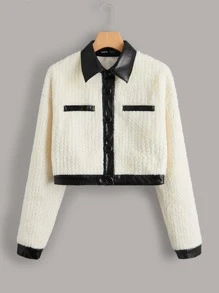 Contrast Collar Drop Shoulder Mohair Jacket - Beige - View 1