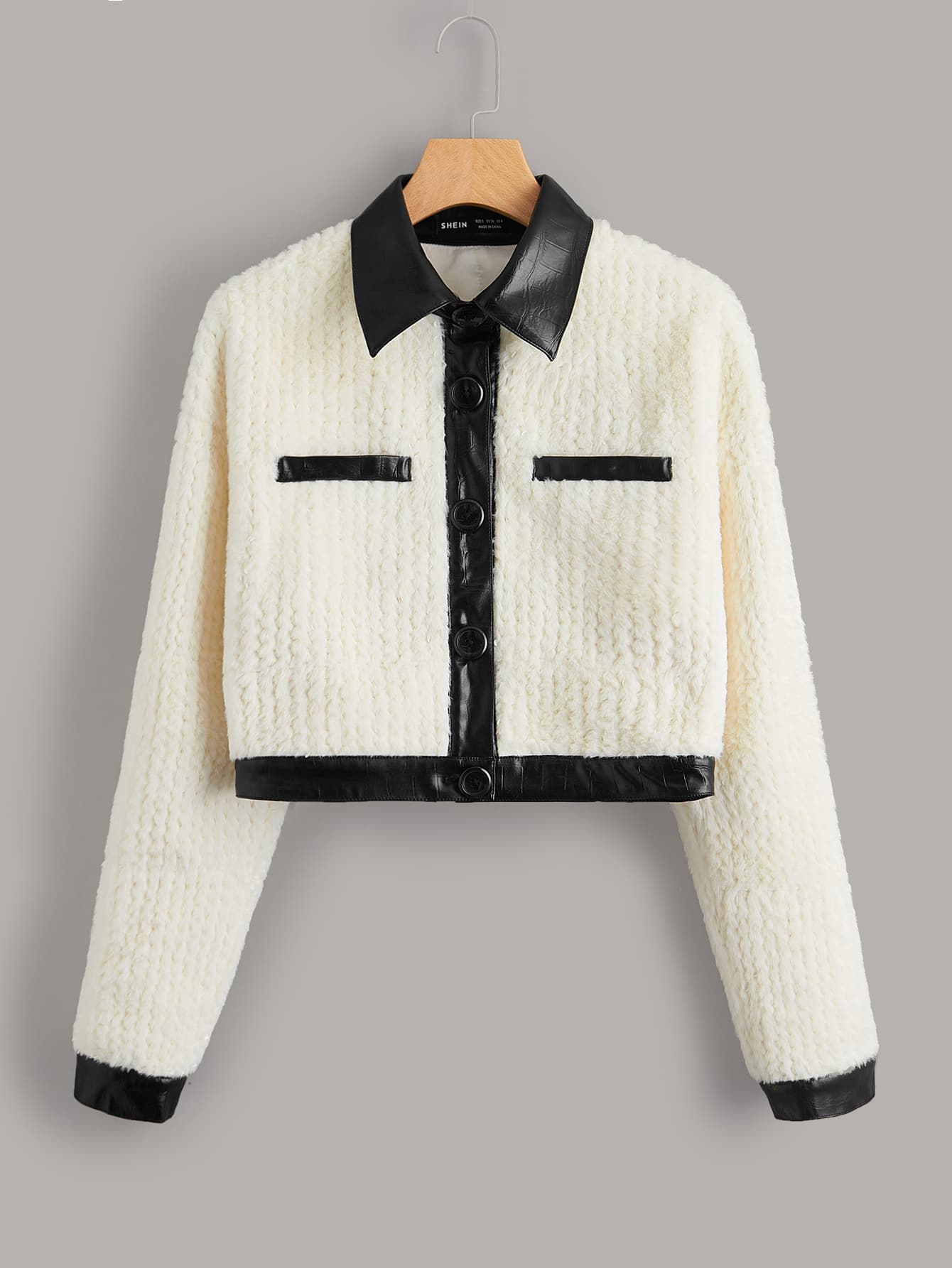 Contrast Collar Drop Shoulder Mohair Jacket - Beige - View 1