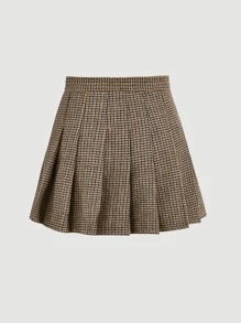 SHEIN MOD Casual Houndstooth Pleated Skirt For Autumn - Mocha Brown - View 7