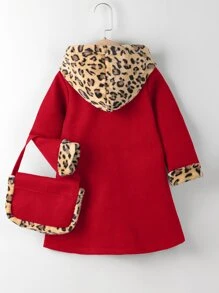 小女童豹紋圖案褶皺連帽花呢外套和包不附帶玩具