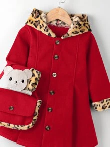 小女童豹紋圖案褶皺連帽花呢外套和包不附帶玩具