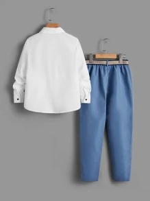 SHEIN 男孩前蝴蝶結襯衫和腰帶長褲 - 藍白色 - 查看 2
