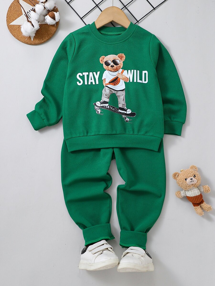 SHEIN Chàng trai trẻ Đồ họa Chữ Và Gấu Áo len & Quần nỉ - màu xanh lá - Xem 1