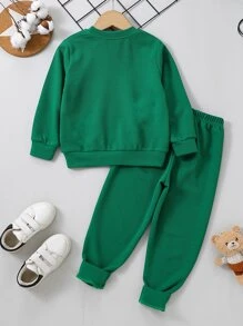 SHEIN Chàng trai trẻ Đồ họa Chữ Và Gấu Áo len & Quần nỉ - màu xanh lá - Xem 2