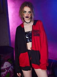 Harley Quinn | ROMWE Colorblock Letter Graphic Zip Up Hoodie - Multicolor - View 4