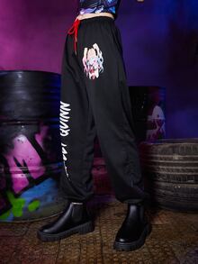 Harley Quinn | ROMWE Pantalones deportivos con letra con estampado de figura con cordón - Negro - Ver 3