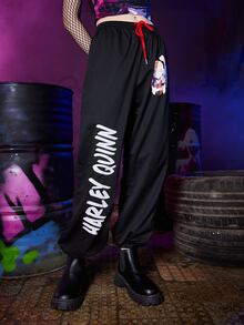 Harley Quinn | ROMWE Pantalones deportivos con letra con estampado de figura con cordón - Negro - Ver 4