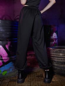 Harley Quinn | ROMWE Pantalones deportivos con letra con estampado de figura con cordón - Negro - Ver 5