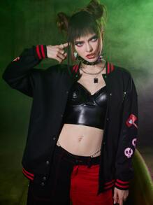 Harley Quinn | ROMWE Cazadora de universidad con letra con estampado de dibujos animados con botón delantero - Negro - Ver 2