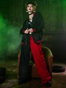 Harley Quinn | ROMWE Cazadora de universidad con letra con estampado de dibujos animados con botón delantero - Negro - Ver 7