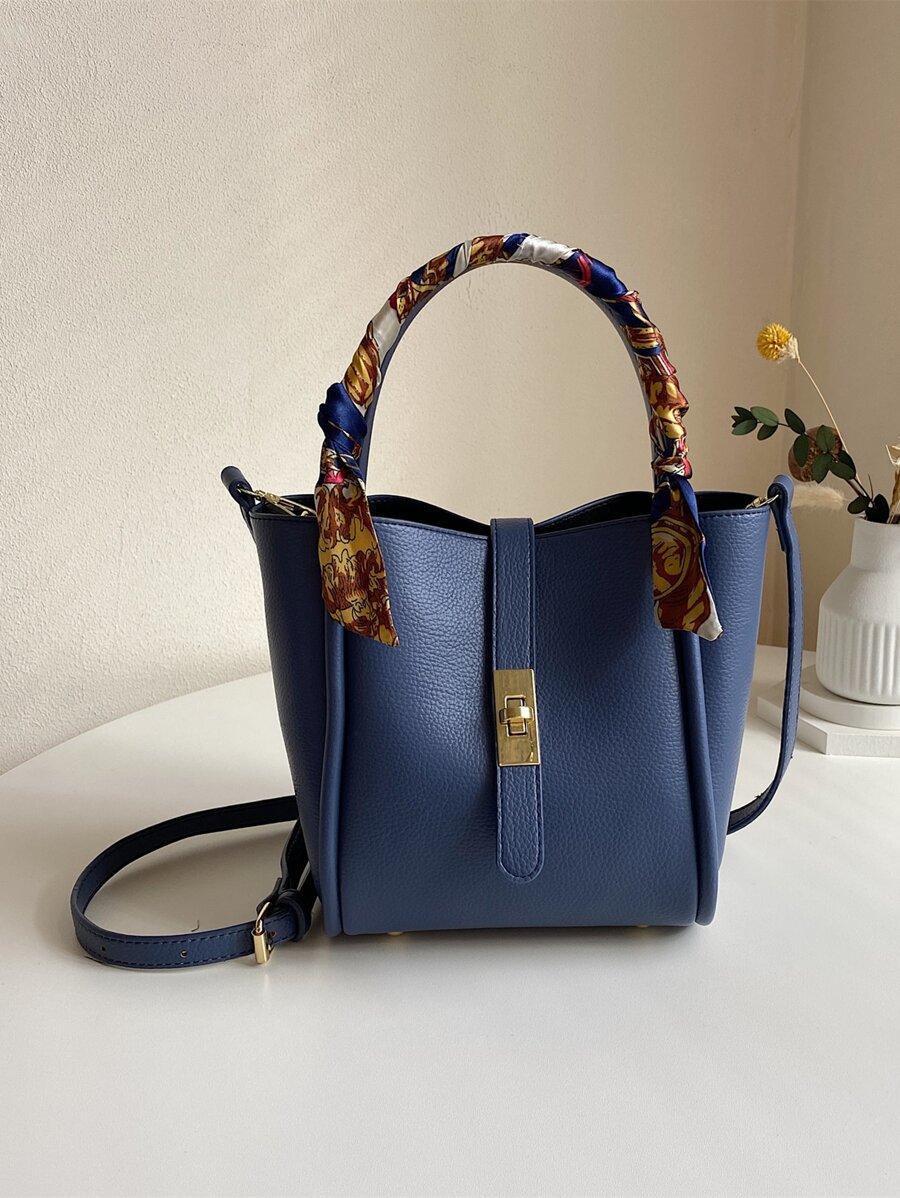 CONTAINEVERY 極簡荔枝紋手提包，配有圍巾，時尚萬用的斜跨包，適合成熟女性在工作或約會時使用