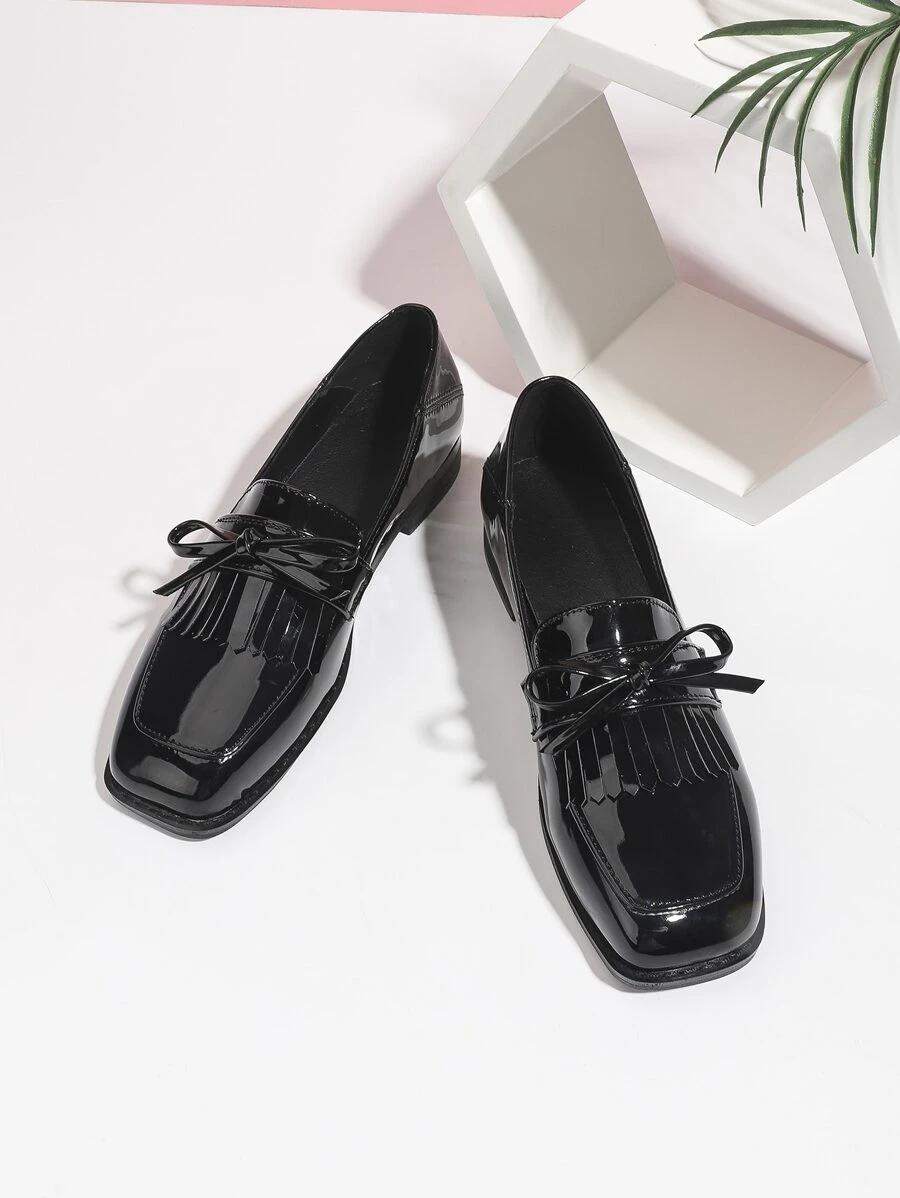 Bow Decor Fringe Trim Square Toe Flat Loafers - Black - View 1