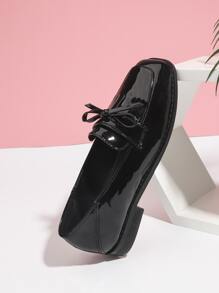 Bow Decor Fringe Trim Square Toe Flat Loafers - Black - View 2