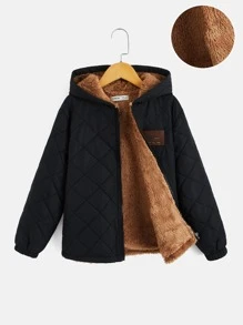 SHEIN 青少年男孩字母拼接細節泰迪線帽拉鍊棉被外套