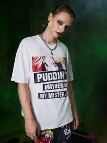 ROMWE MEN Harley Quinn | ROMWE Guys Letter Figure Graphic Tee - White - View 1