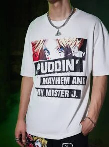 ROMWE MEN Harley Quinn | ROMWE Guys Letter Figure Graphic Tee - White - View 3