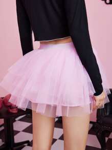 ROMWE Kawaii Contrast Mesh Skirt - Pink - View 3