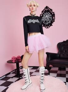 ROMWE Kawaii Contrast Mesh Skirt - Pink - View 4