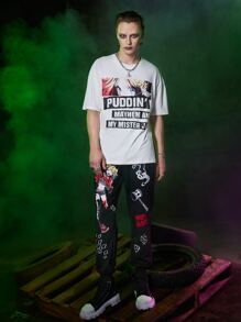 ROMWE MEN Harley Quinn | ROMWE Guys Letter Figure Graphic Tee - White - View 5