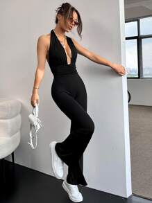 SHEIN ICON Y2k Black Tie Backless Ruched Halter Jumpsuit - Black - View 4