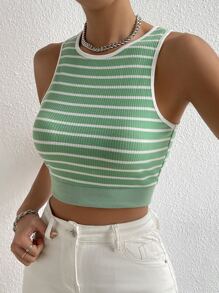 SHEIN Essnce Striped Print Crop Tank Top - Green - View 1