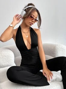 SHEIN ICON Y2k Black Tie Backless Ruched Halter Jumpsuit - Black - View 6