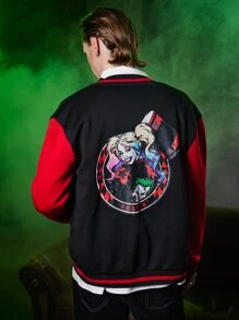 ROMWE MEN Harley Quinn | ROMWE 男士字母撞色前紐扣學院風夾克 - 彩色 - 查看 1