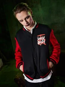 ROMWE MEN Harley Quinn | ROMWE 男士字母撞色前紐扣學院風夾克 - 彩色 - 查看 2